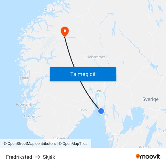 Fredrikstad to Skjåk map