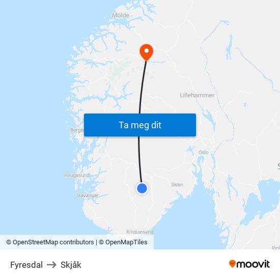 Fyresdal to Skjåk map