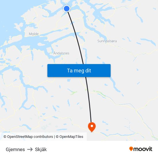 Gjemnes to Skjåk map
