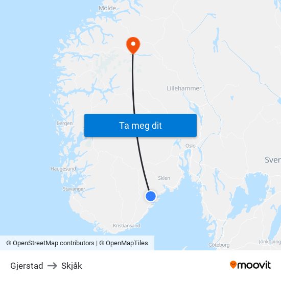 Gjerstad to Skjåk map