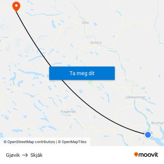Gjøvik to Skjåk map