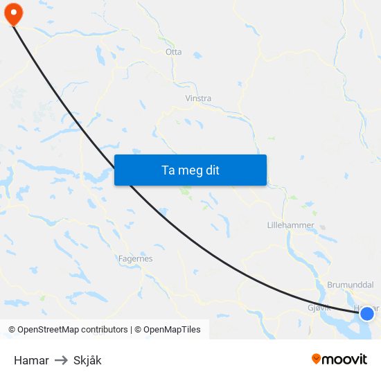 Hamar to Skjåk map