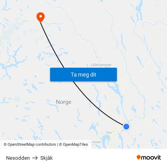 Nesodden to Skjåk map