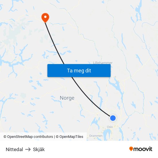 Nittedal to Skjåk map