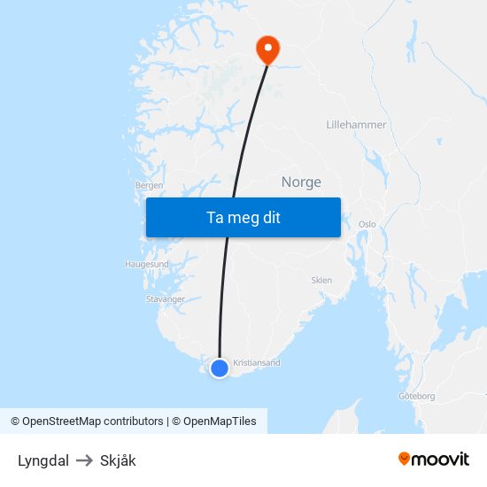 Lyngdal to Skjåk map