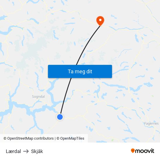 Lærdal to Skjåk map