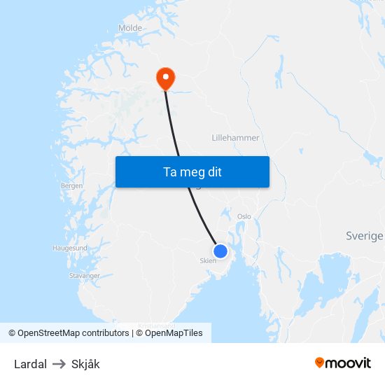 Lardal to Skjåk map