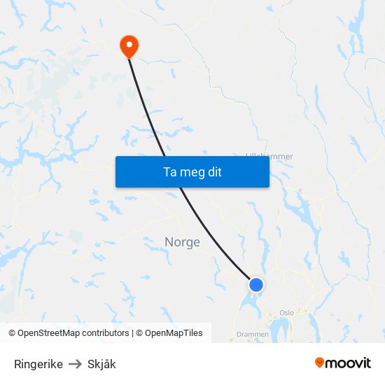 Ringerike to Skjåk map