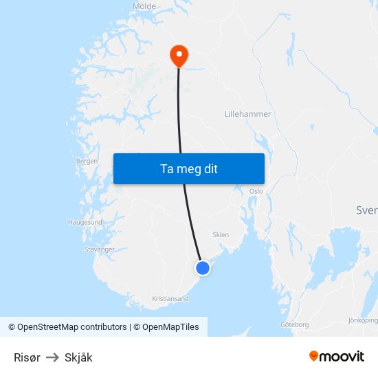 Risør to Skjåk map