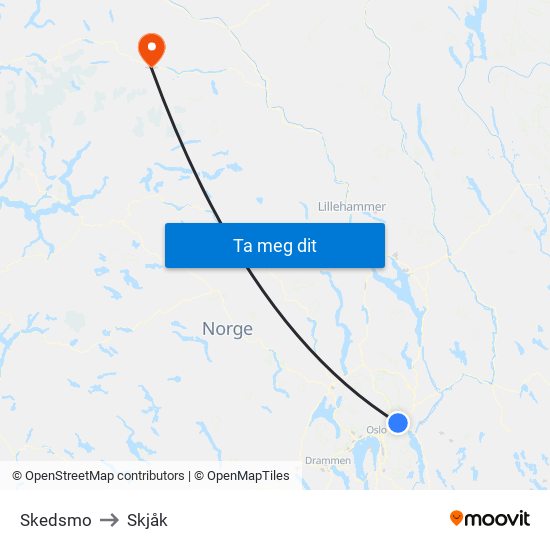 Skedsmo to Skjåk map