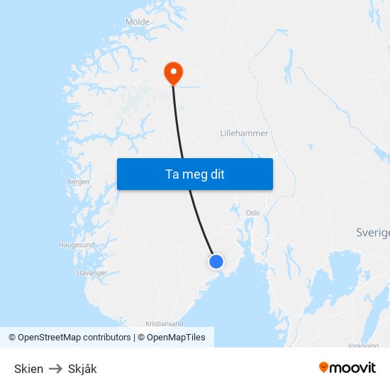 Skien to Skjåk map