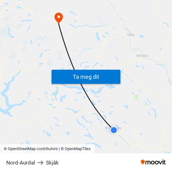 Nord-Aurdal to Skjåk map