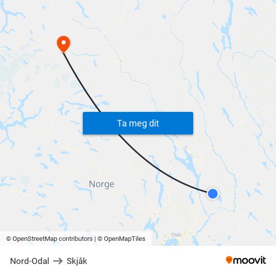 Nord-Odal to Skjåk map