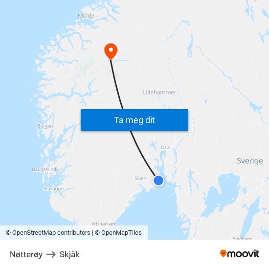 Nøtterøy to Skjåk map