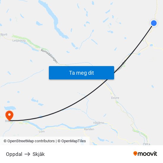 Oppdal to Skjåk map