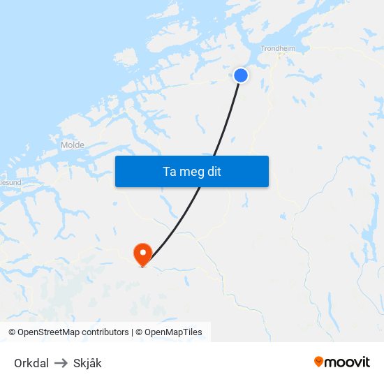 Orkdal to Skjåk map