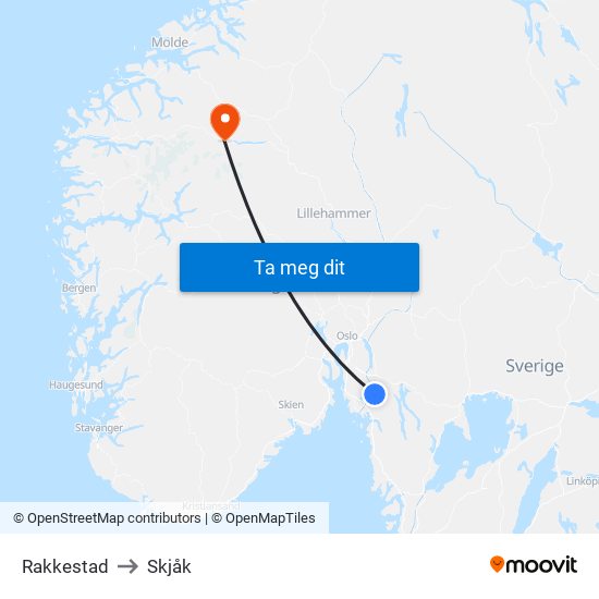 Rakkestad to Skjåk map