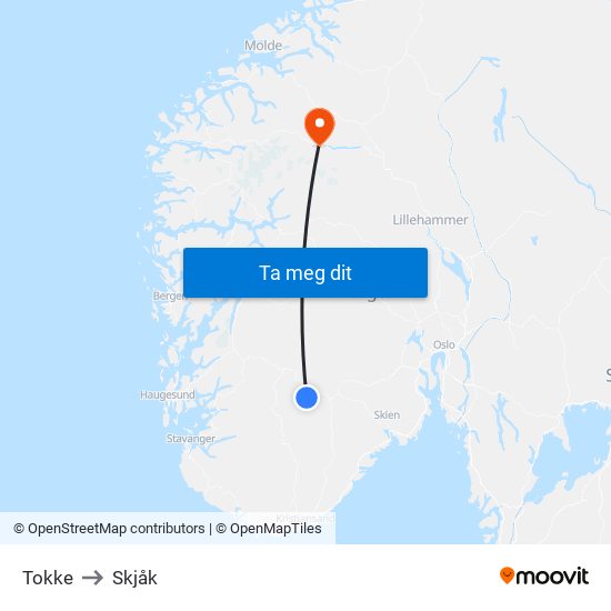 Tokke to Skjåk map