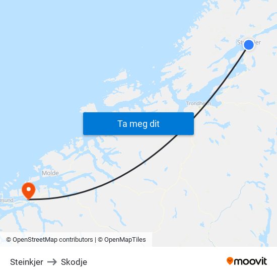 Steinkjer to Skodje map