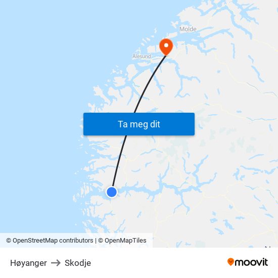 Høyanger to Skodje map