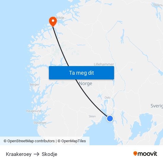 Kraakeroey to Skodje map