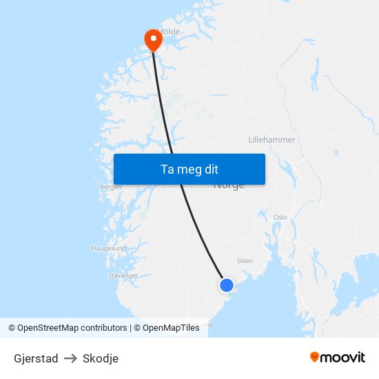 Gjerstad to Skodje map