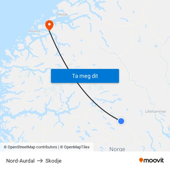 Nord-Aurdal to Skodje map