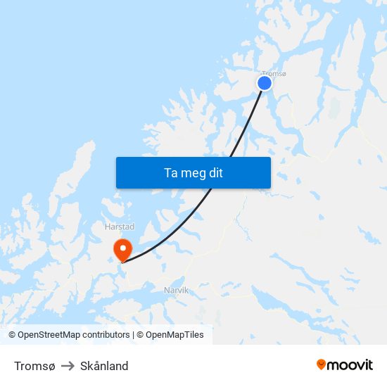 Tromsø to Skånland map
