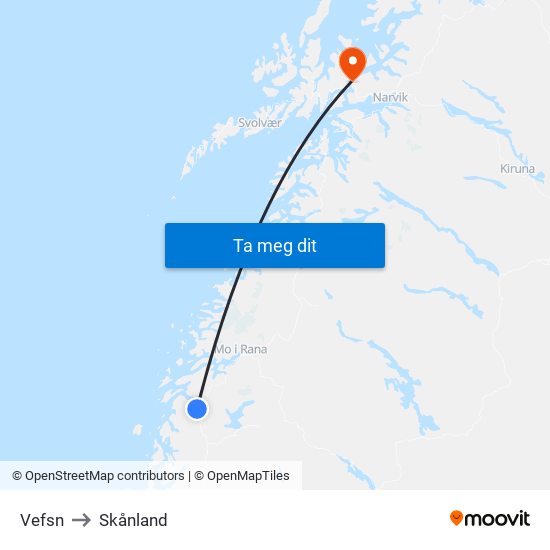 Vefsn to Skånland map