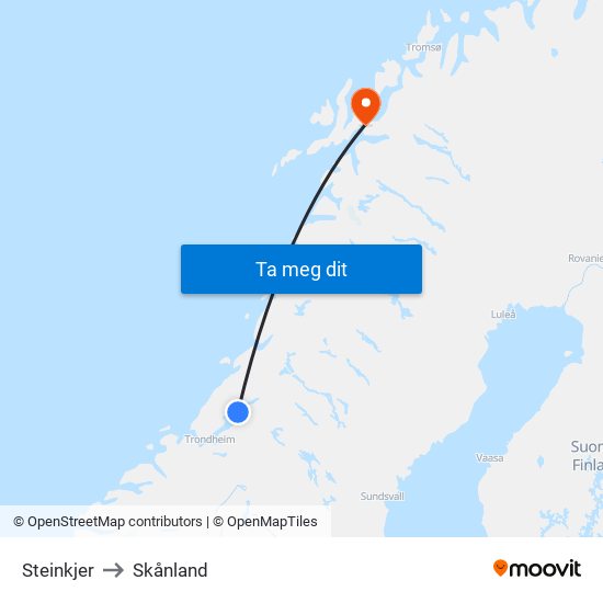 Steinkjer to Skånland map