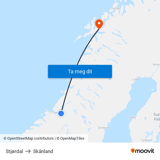 Stjørdal to Skånland map