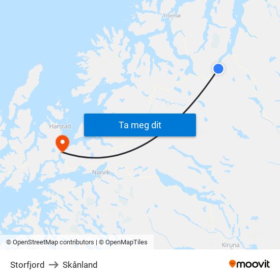 Storfjord to Skånland map