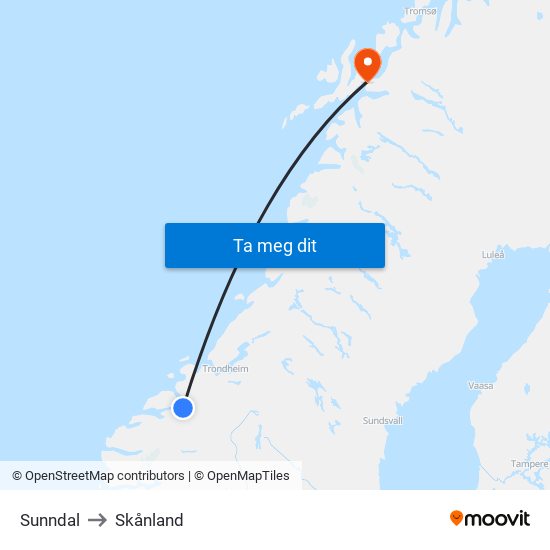 Sunndal to Skånland map