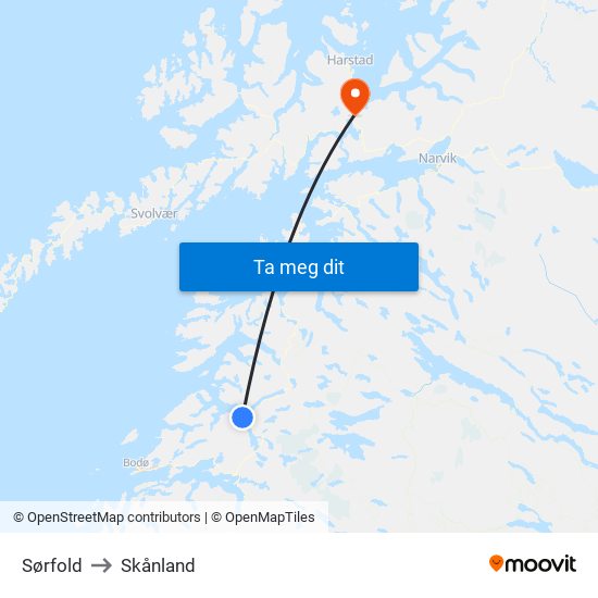 Sørfold to Skånland map