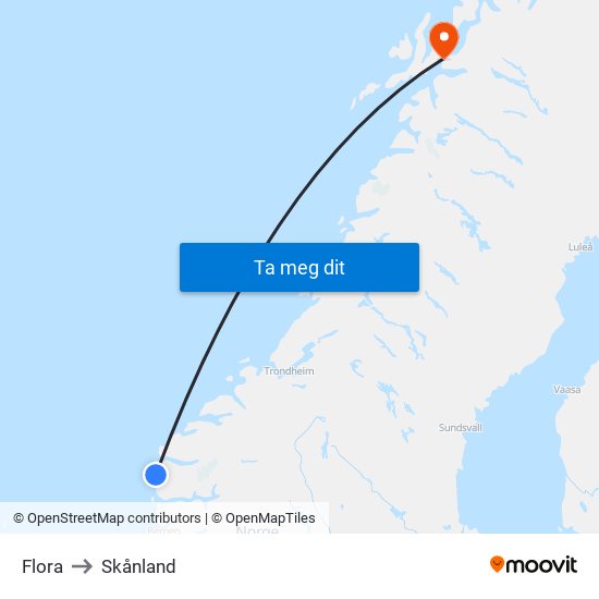 Flora to Skånland map