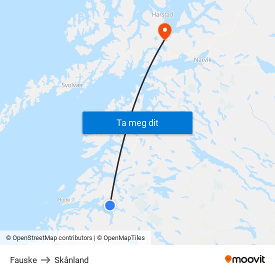 Fauske to Skånland map