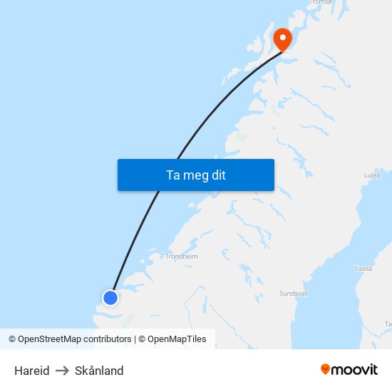 Hareid to Skånland map