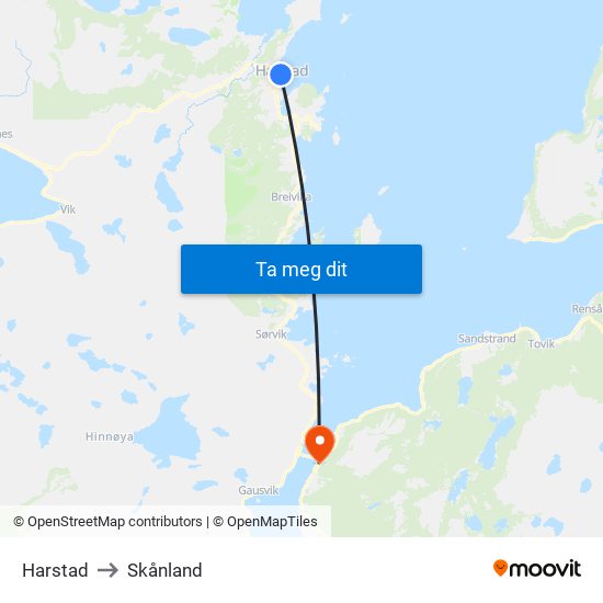 Harstad to Skånland map