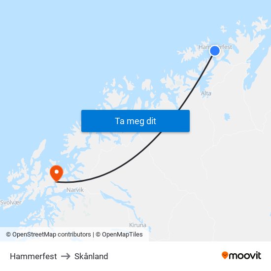 Hammerfest to Skånland map
