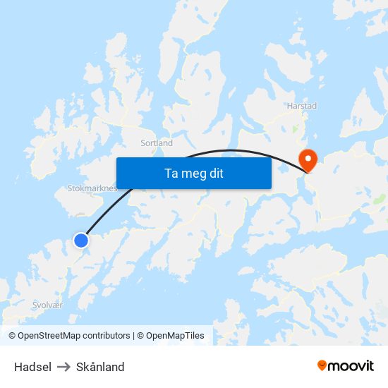 Hadsel to Skånland map