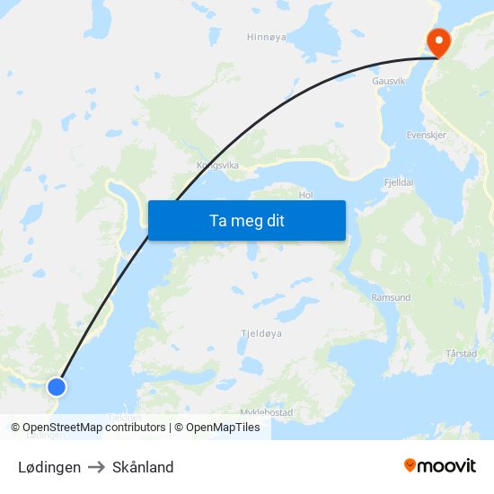 Lødingen to Skånland map