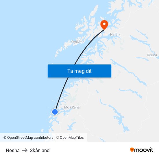 Nesna to Skånland map