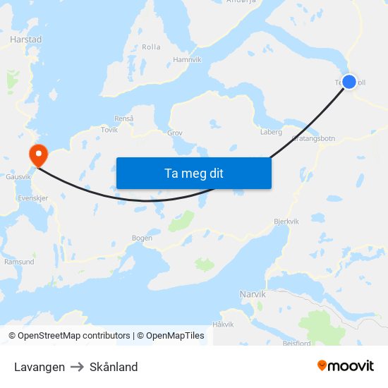Lavangen to Skånland map
