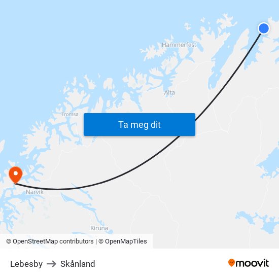 Lebesby to Skånland map
