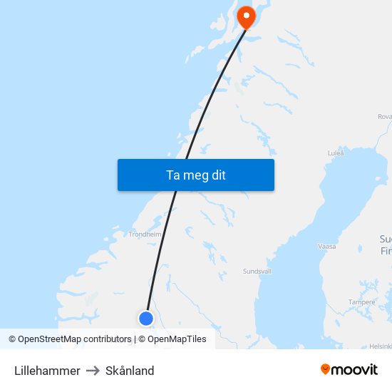 Lillehammer to Skånland map
