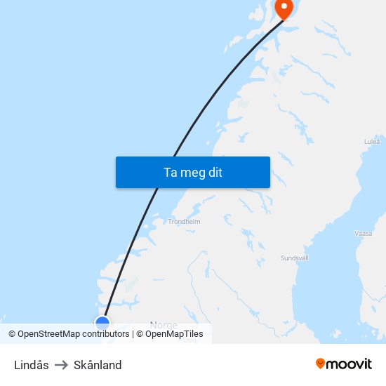 Lindås to Skånland map