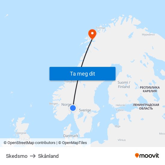 Skedsmo to Skånland map