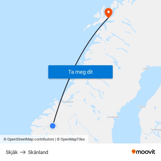 Skjåk to Skånland map