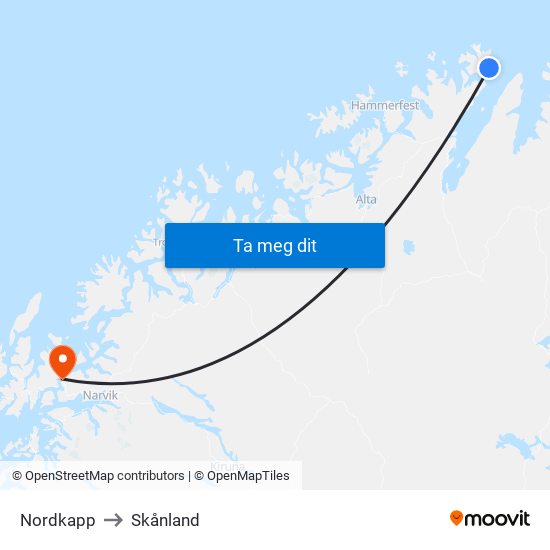 Nordkapp to Skånland map