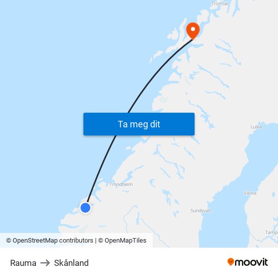 Rauma to Skånland map
